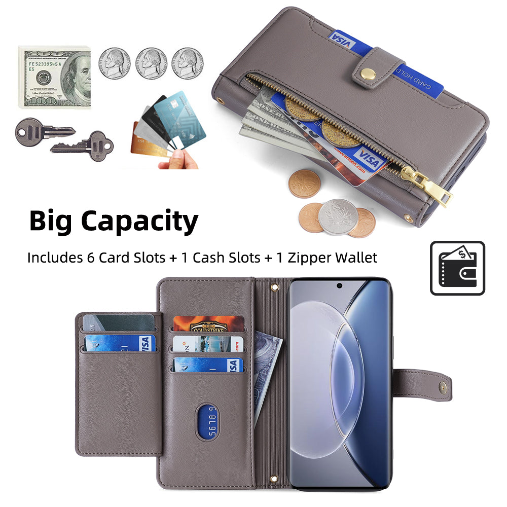 For vivo X90 5G PU Leather Stand Case Zipper Pocket Card Slots Well-protected Flip Phone Cover with Wrist Strap and Shoulder Strap For vivo X90 5G PU Leather Stand Case Zipper Pocket Card Slots Well-protected Flip Phone Cover with Wrist Strap and Shoulder Strap
